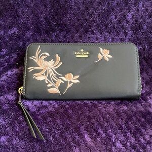 Kate Spade Black Wallet With Pink Embroidery Floral Print NWOT